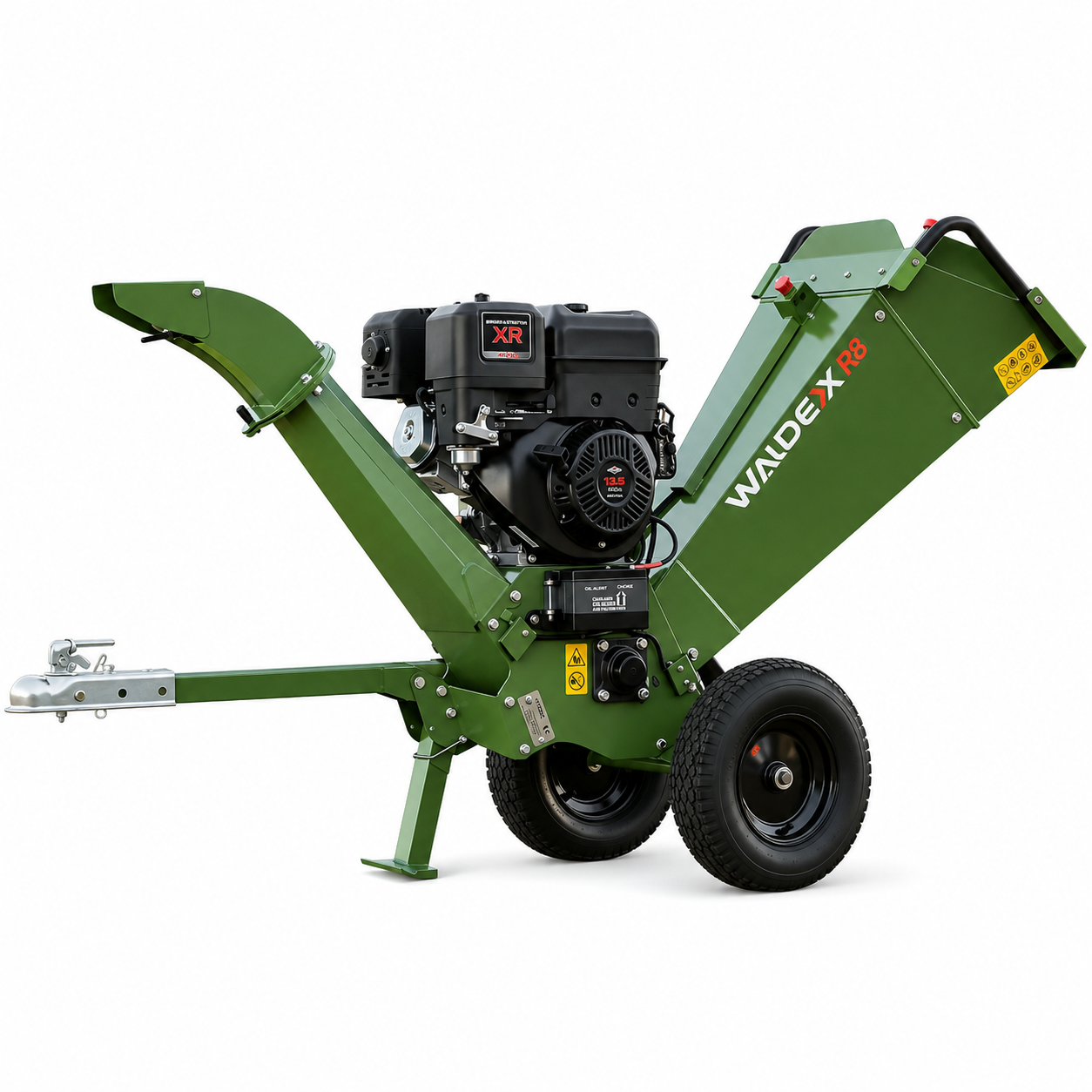 A green Waldex R8 wood chipper with a black engine, dual wheels, and a hitch on a white background.