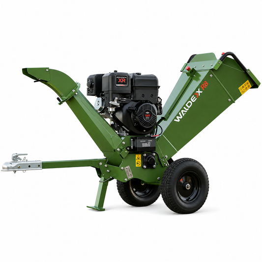 A green Waldex R8 wood chipper with a black engine, dual wheels, and a hitch on a white background.